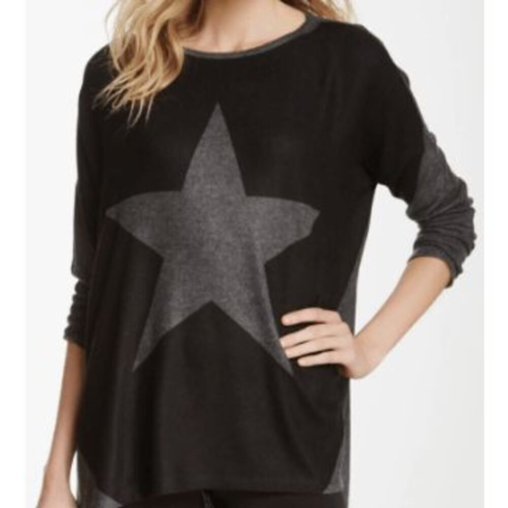 Go Couture Colorblock Star Top Oversized Side Slits Charcoal Gray Small